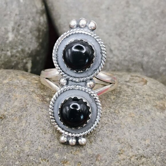 Native Southwest Style Double Stone Black Onyx Sterling Silver Ring Size 9 - Picture 1 of 6